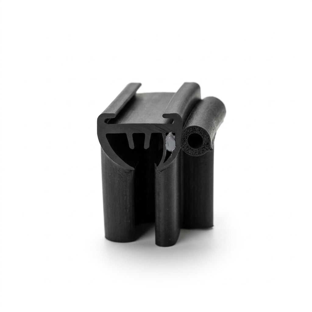 Black rubber window seal viewed end-on, gripper channel and bulb standing upright