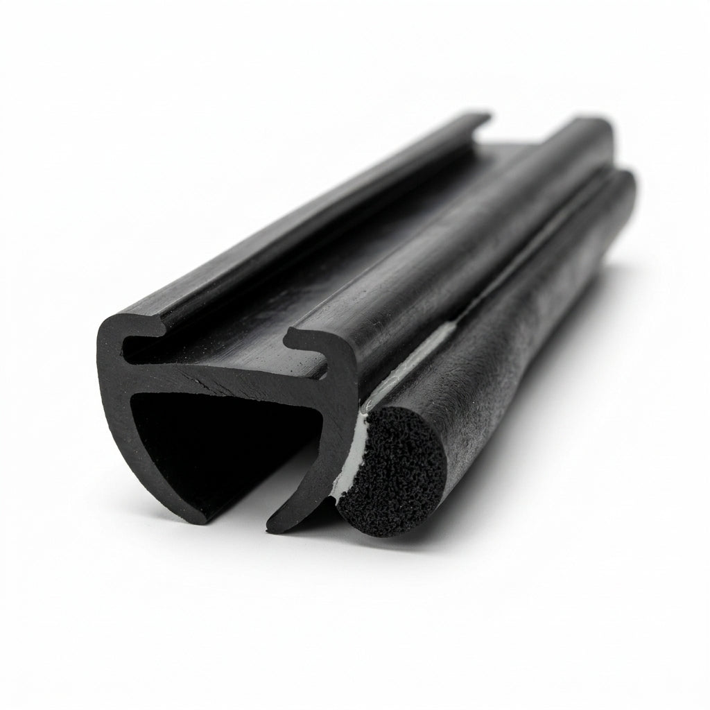 Black rubber window seal length with cut end showing pale sponge rubber core