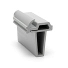 Grey PVC gutter trim standing upright, hooked lip over open channel