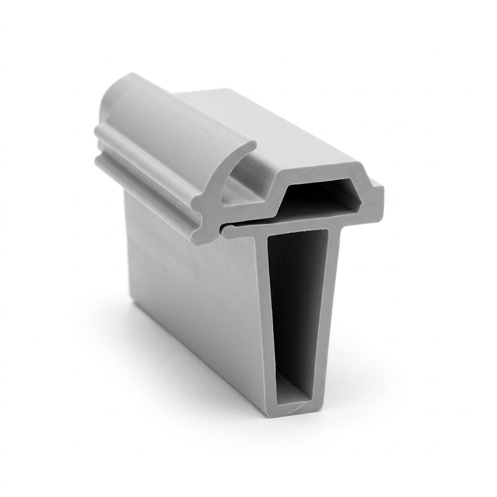 Grey PVC gutter trim standing upright, hooked lip over open channel