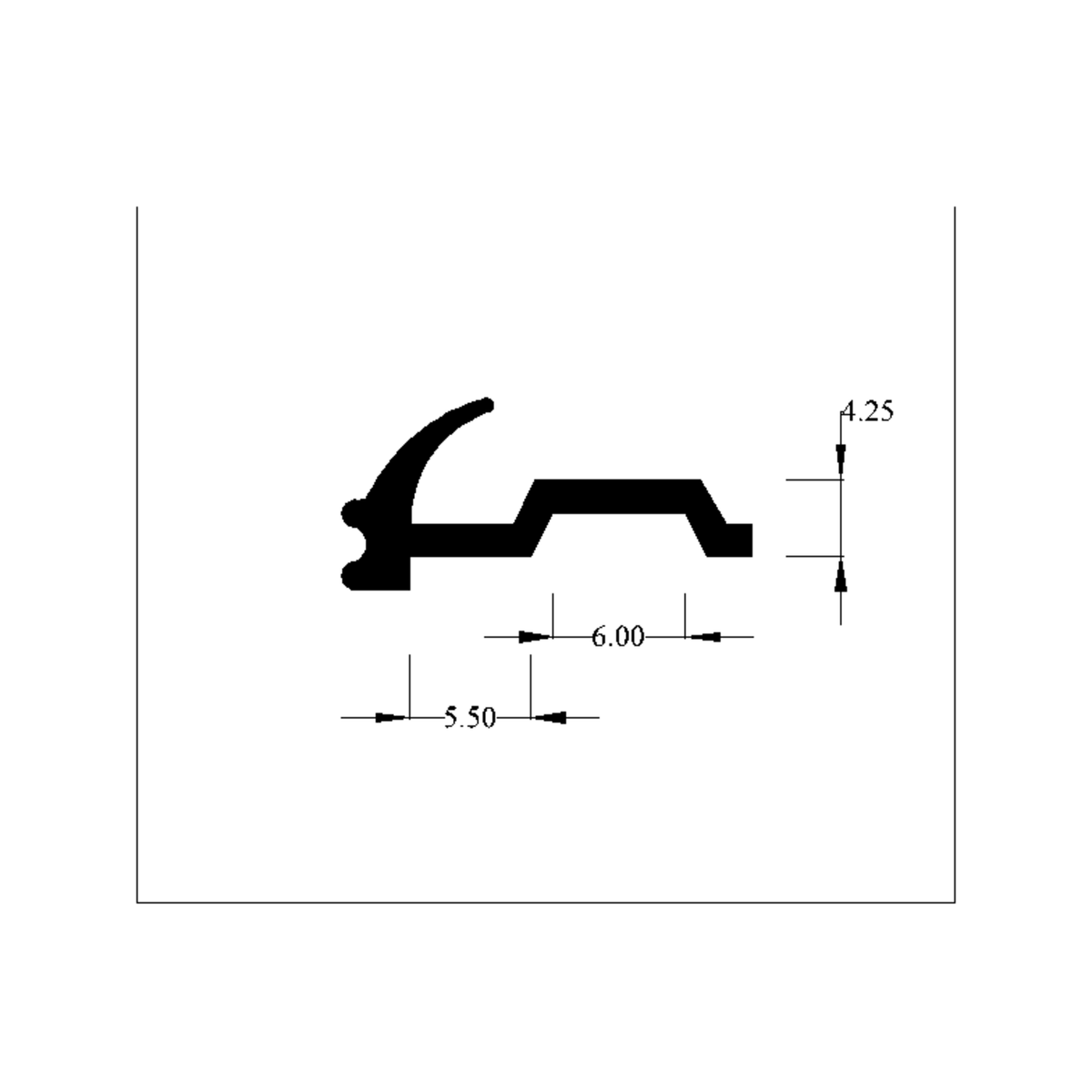 Technical diagram of gutter trim profile, 6.00mm wide and 4.25mm tall