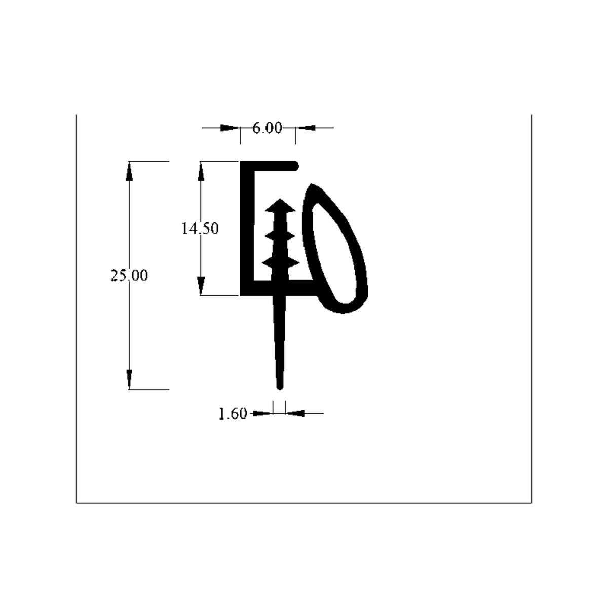 Technical diagram of door seal profile, 25.00mm tall and 6.00mm wide