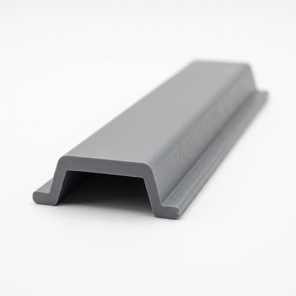 Grey PVC awning rail insert length shown at an angle, ridged top and hooked underside