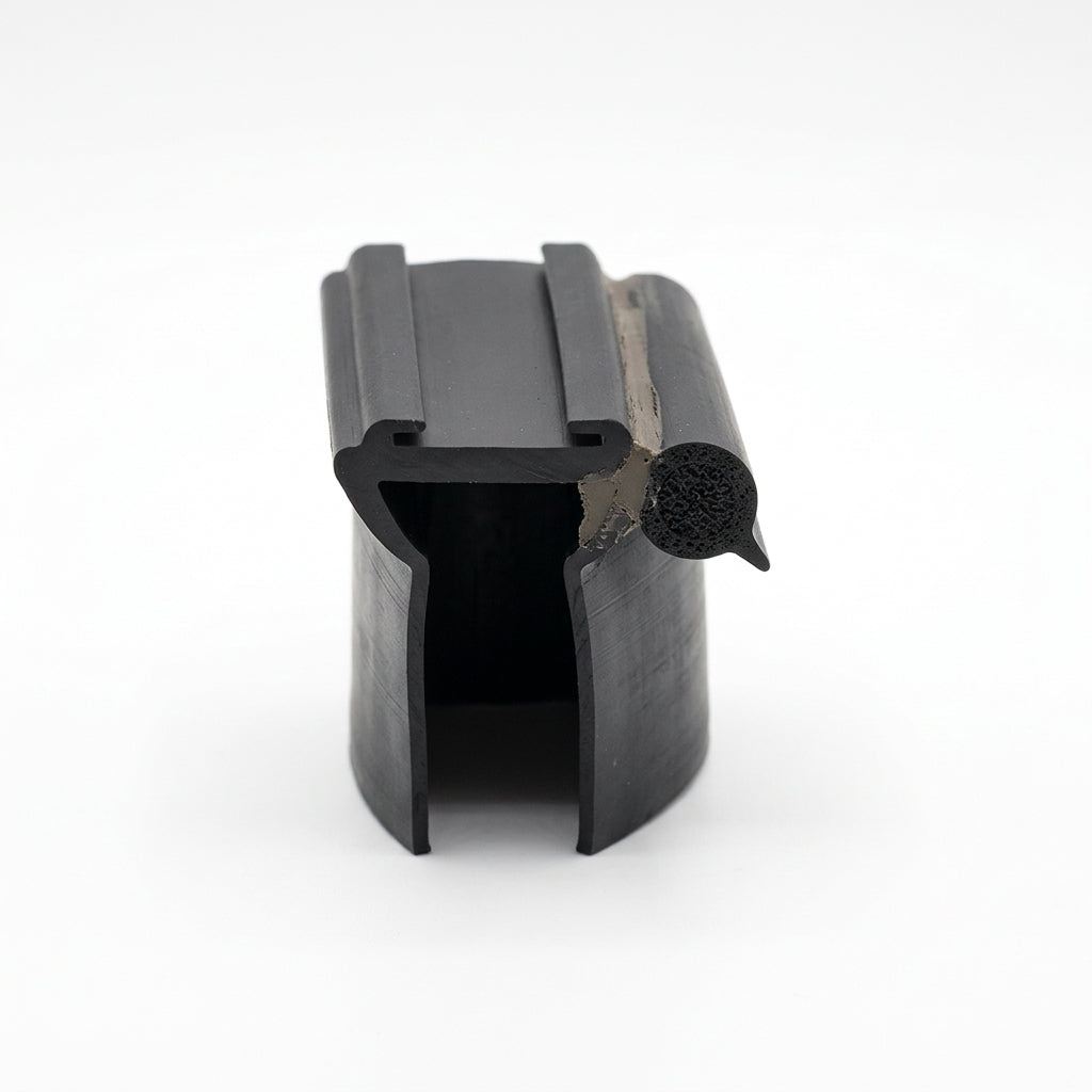Black rubber window seal viewed end-on with cut length showing sponge bulb beside it