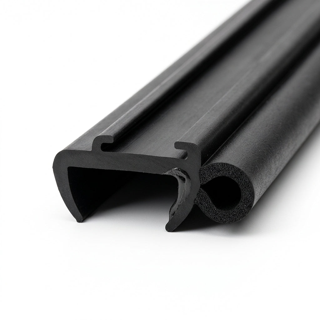 Straight length of black rubber gripper seal with hollow sponge bulb cut end