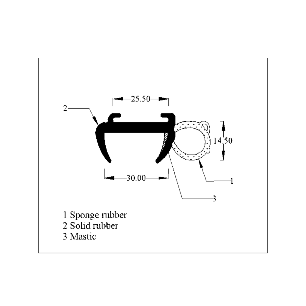 Technical diagram of window seal profile, 30.00mm wide with sponge and solid rubber layers