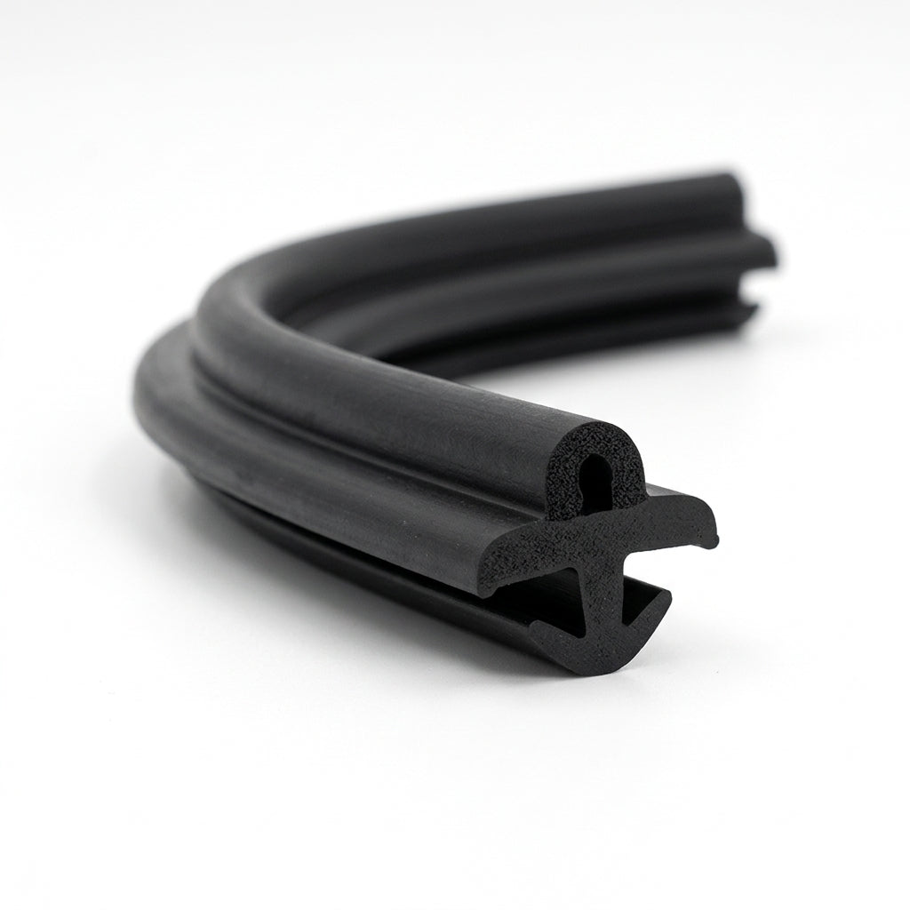 Coiled length of black battery box seal photographed on a white background