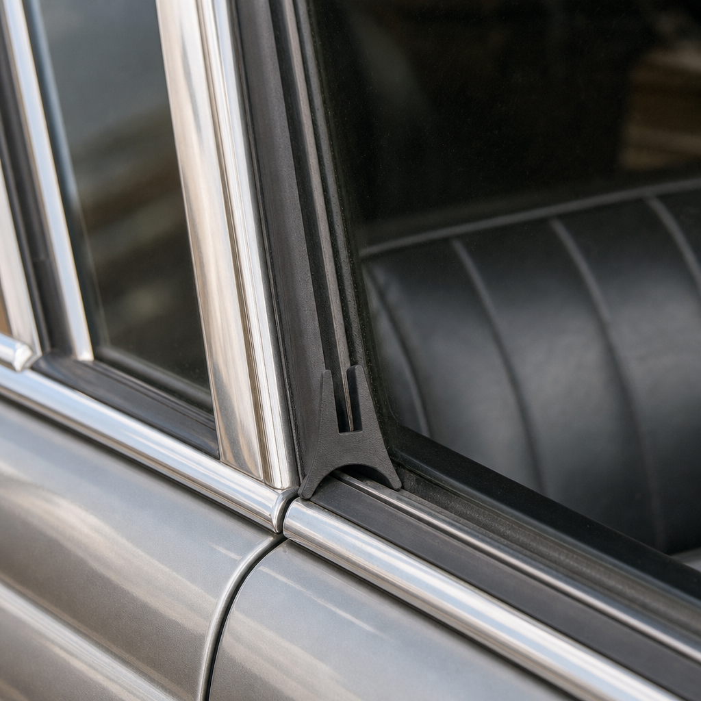 Black seal fitted to a chrome-trimmed window frame on a classic car interior