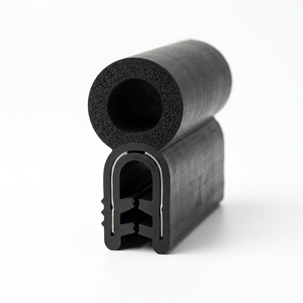 Black rubber edge trim with a metal-reinforced grip channel, close-up studio shot