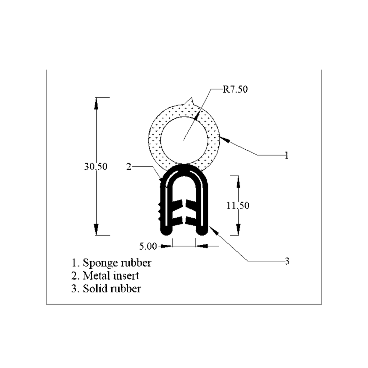 Technical line drawing labelling the sponge rubber, metal insert and solid rubber parts