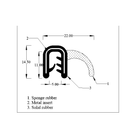 Cross-section diagram of side tail seal with a hook-curved sponge tail and toothed metal grip, mm dims