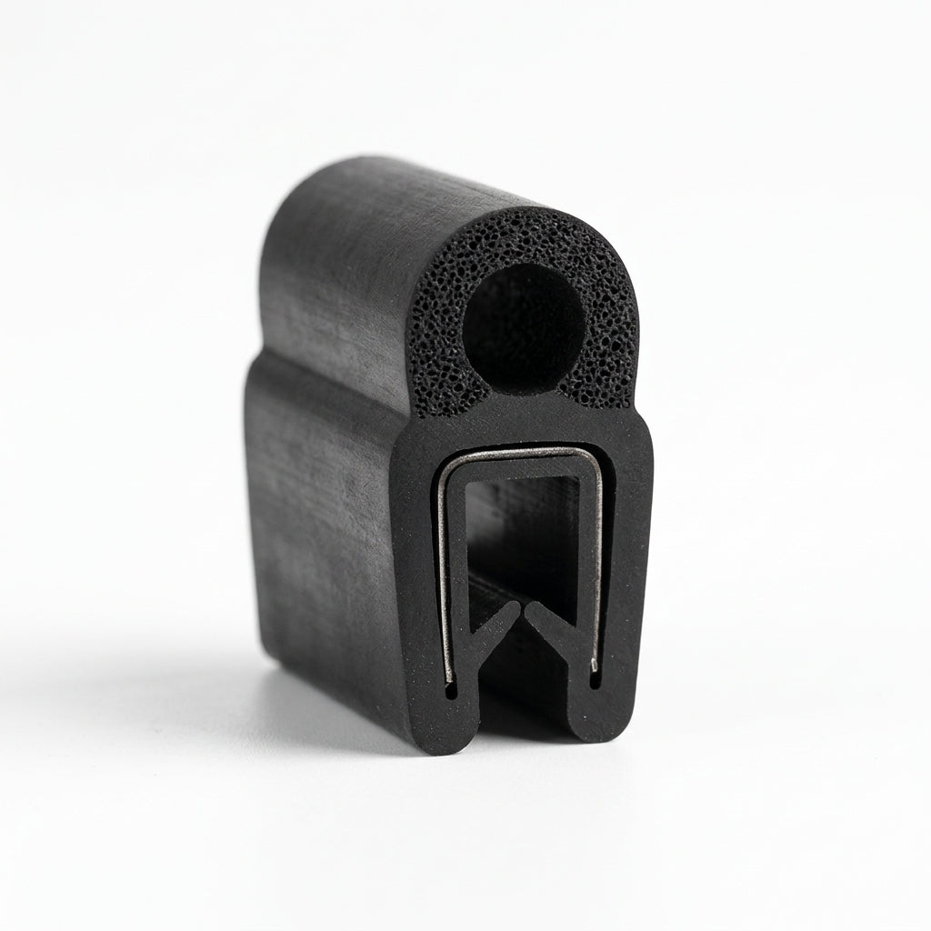 Short block of black self grip seal, upright, with round hollow sponge bulb and smooth U-shaped grip