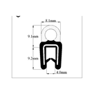 Cross-section diagram with round sponge bulb and plain U grip channel, dimensions labelled in mm