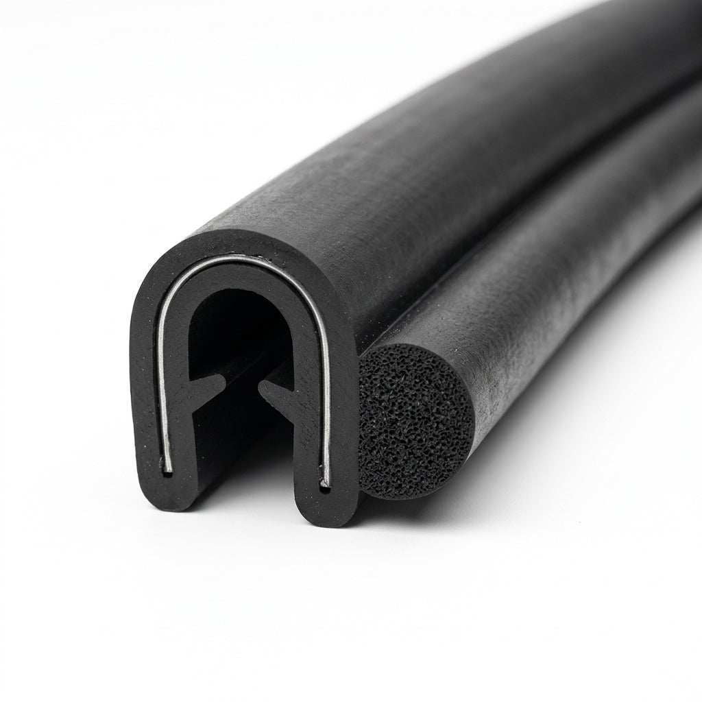 Curved length of black self grip side seal with smooth U-shaped metal insert and trailing sponge bulb