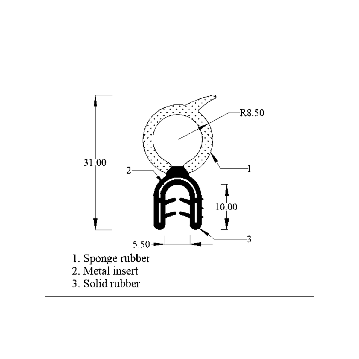 Cross-section diagram with R8.50 round sponge bulb centred above a toothed metal grip, mm dims