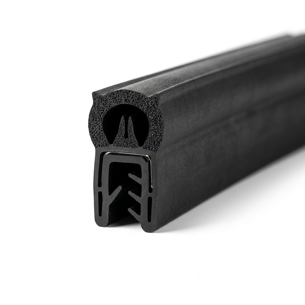 Straight length of black self grip rubber seal with round sponge bulb centred above a metal grip