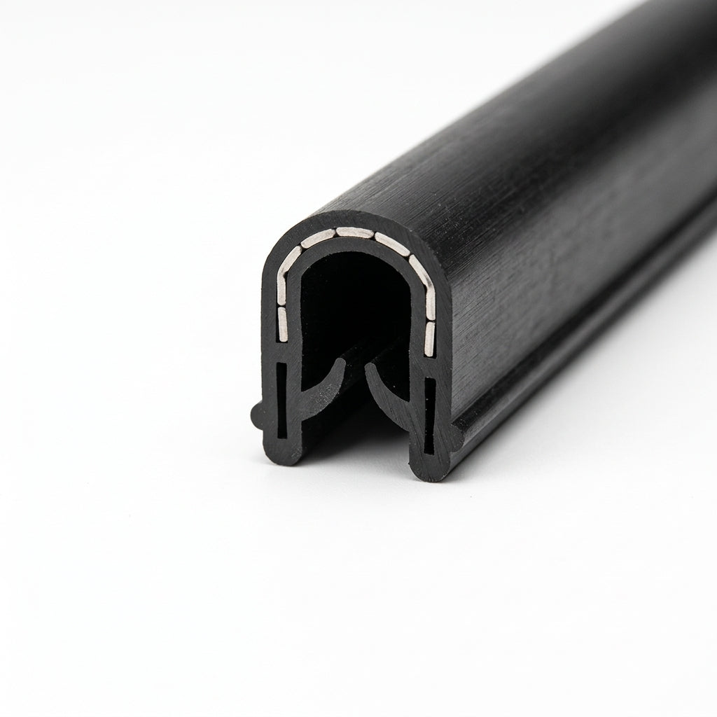 Black PVC edge trim with visible metal insert strip, end-on studio shot