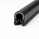 Black PVC edge trim with visible metal insert strip, end-on studio shot