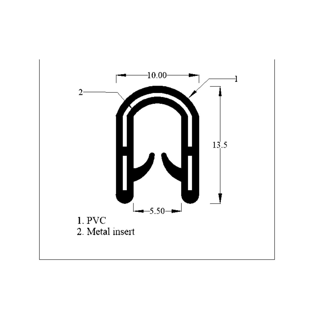 Technical line drawing of PVC edge trim with metal insert profile, dimensions in mm