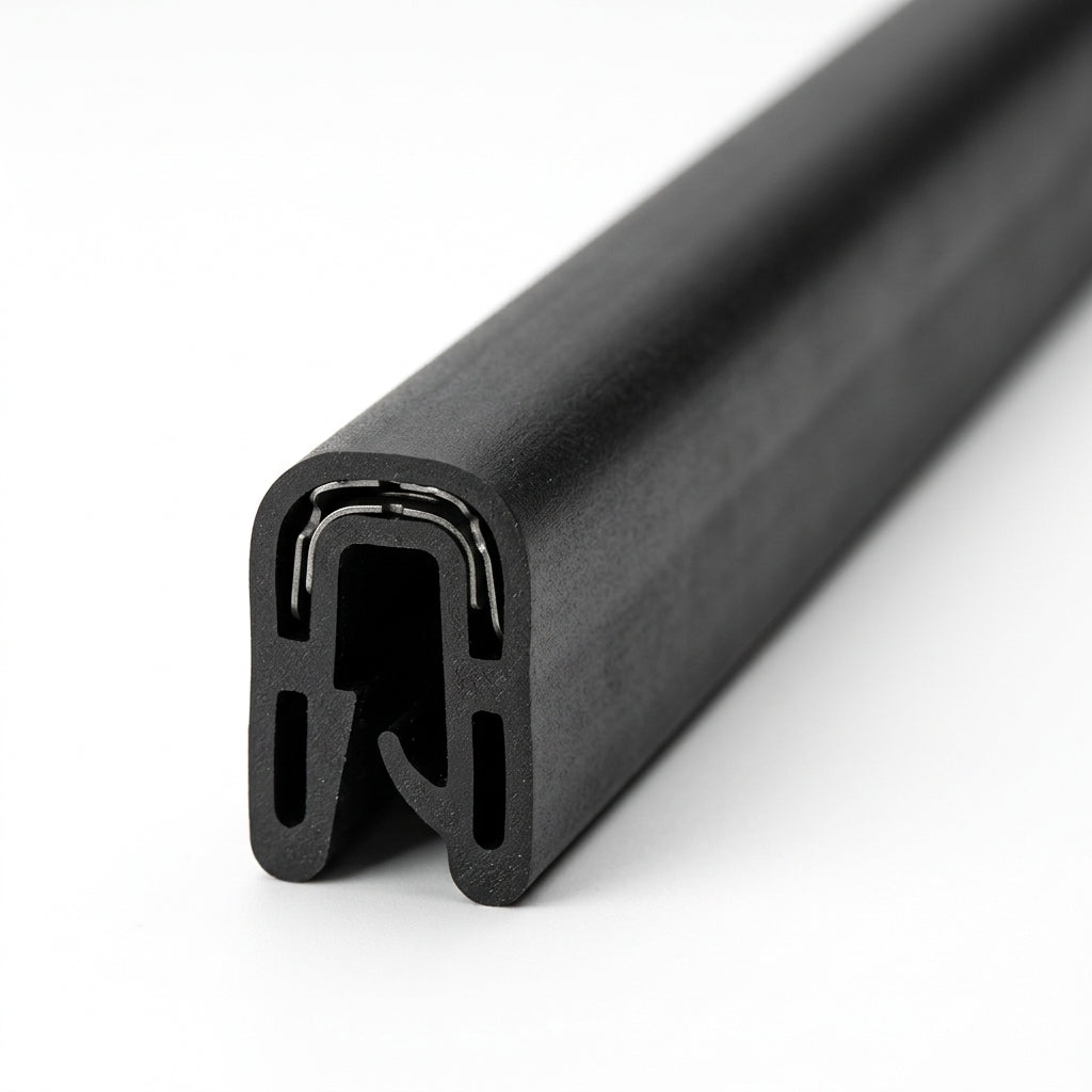 Straight length of black PVC edging strip, small profile, with metal insert and a hooked leg