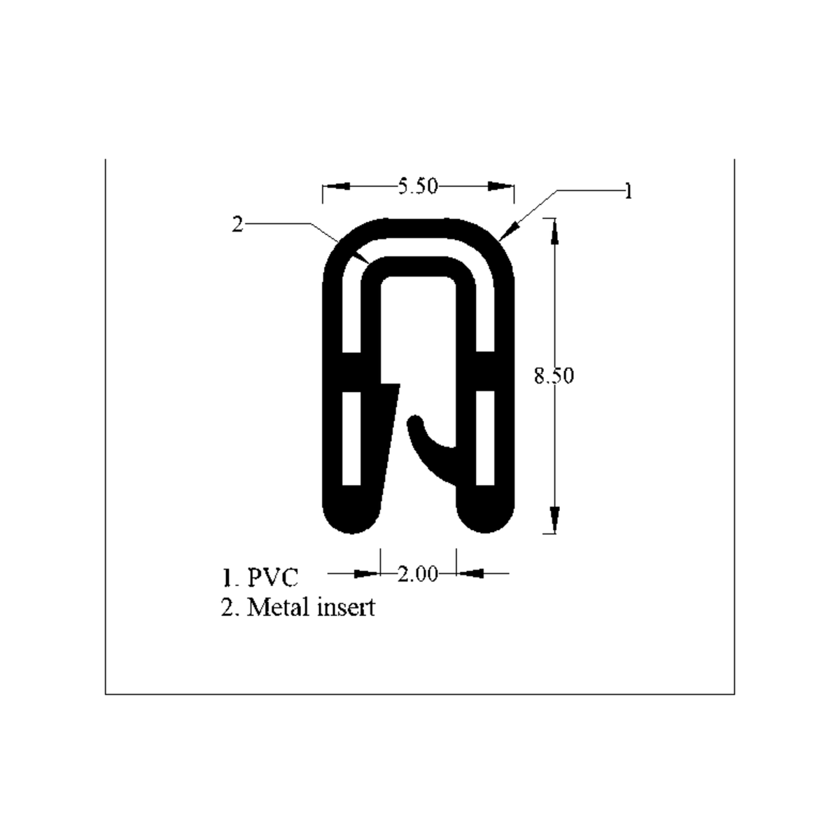 Cross-section diagram of compact PVC edging strip with metal insert, dimensions in mm