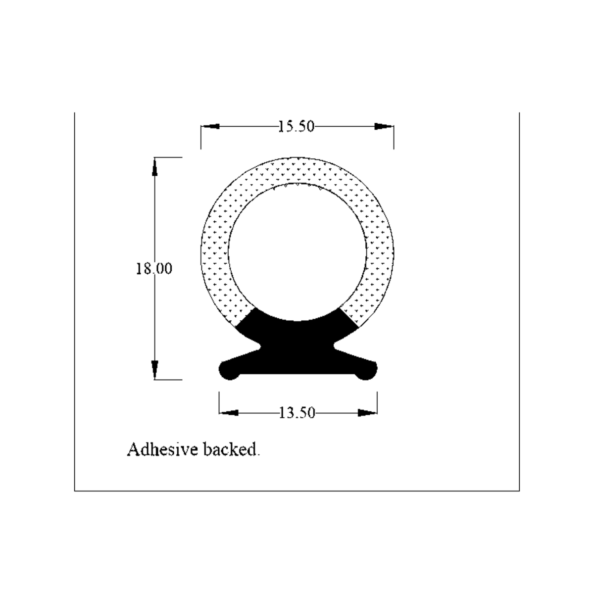 Dimensioned ring-and-foot profile diagram with 15.50mm, 18mm and 13.50mm marks, adhesive backed