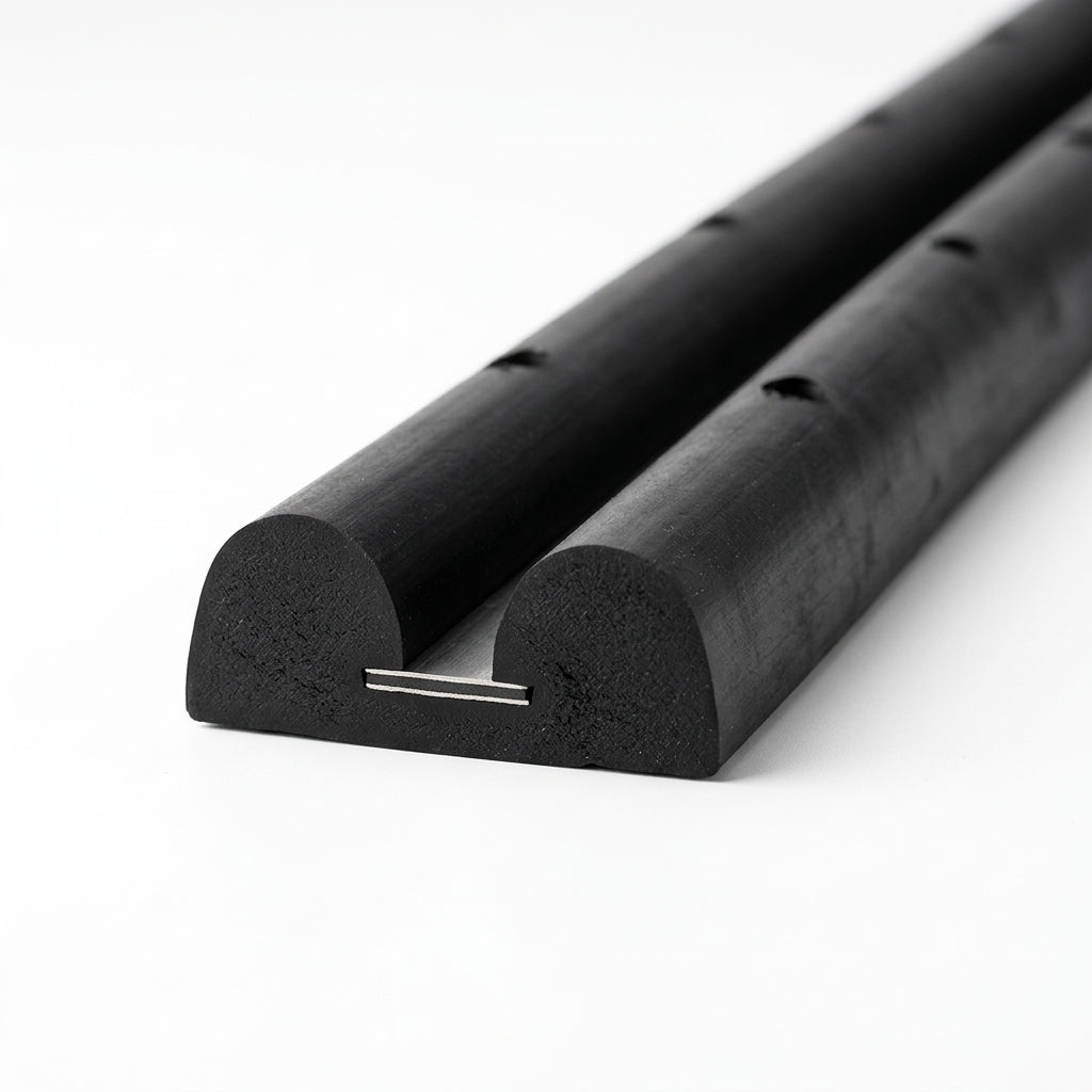Black double-D fender profile with pre-drilled fixing holes, stainless steel insert strip visible at the base