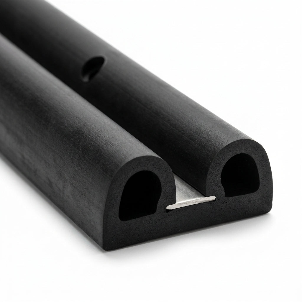 Black double-D fender profile with a fixing hole and visible steel insert strip in the hollow base