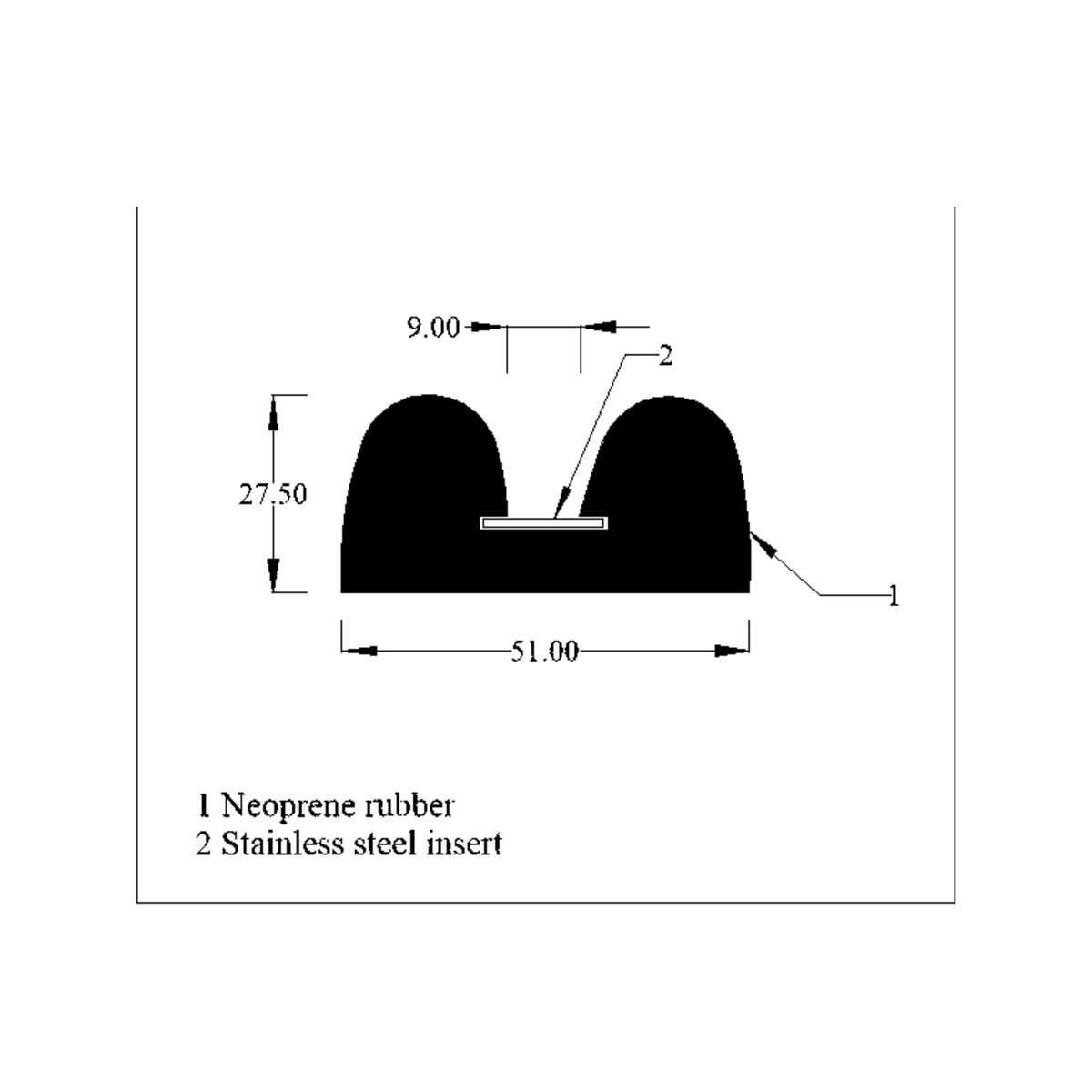 Dimensioned cross-section diagram of the double-D fender, 51mm wide by 27.50mm high, with steel insert labelled