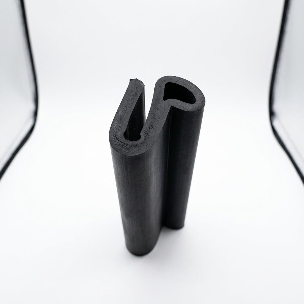 Black neoprene U-channel with flange, standing hook-shaped profile on white background