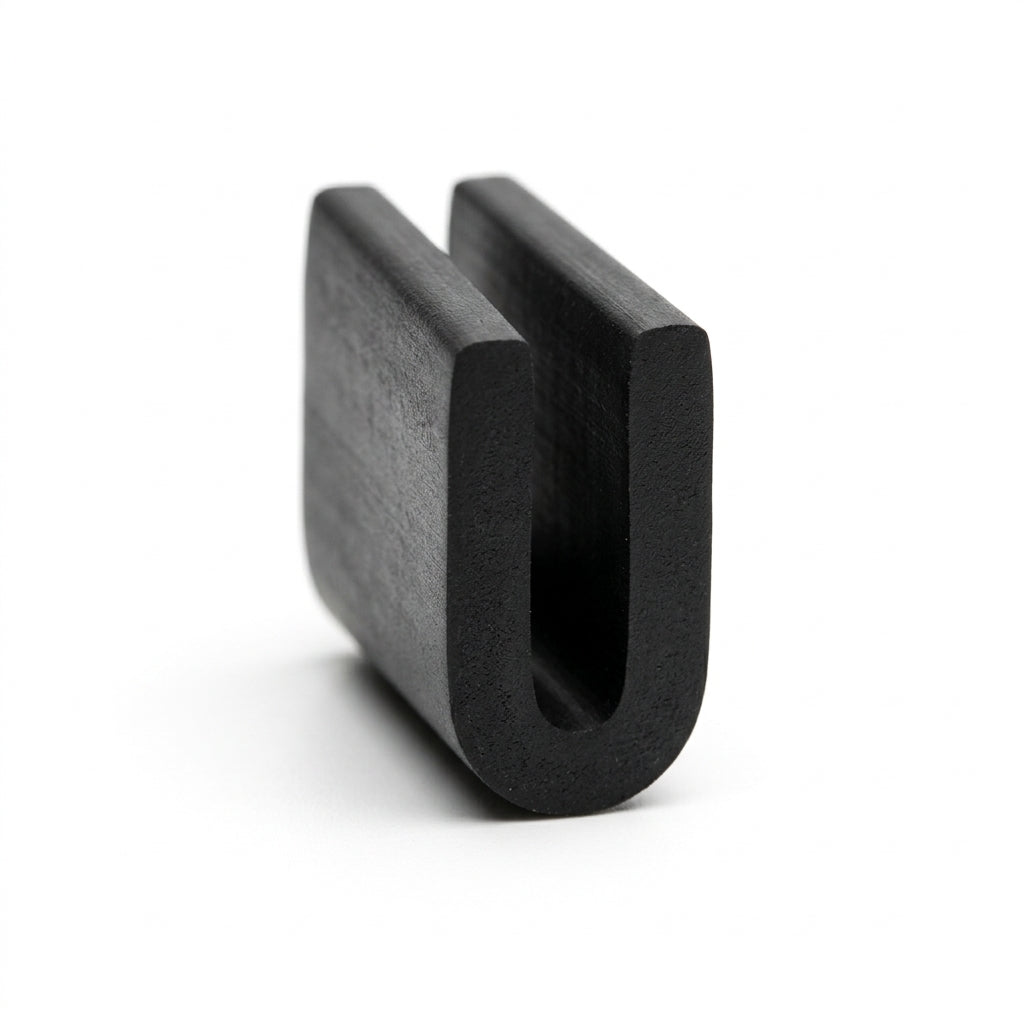 Black EPDM U-channel trim standing upright, plain white background shot of rounded block