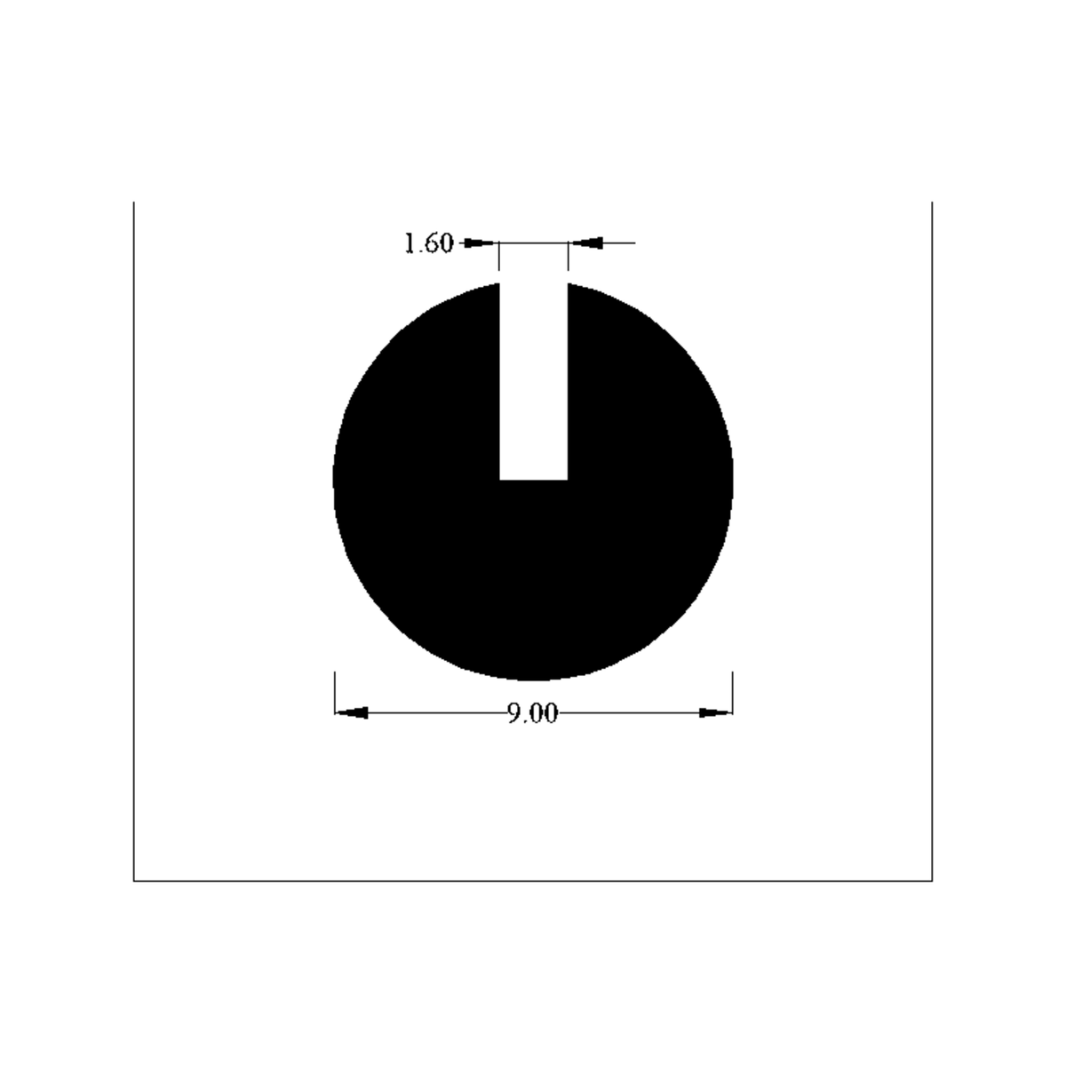 Cross-section diagram of round U-channel profile, 9.00mm diameter dimension shown
