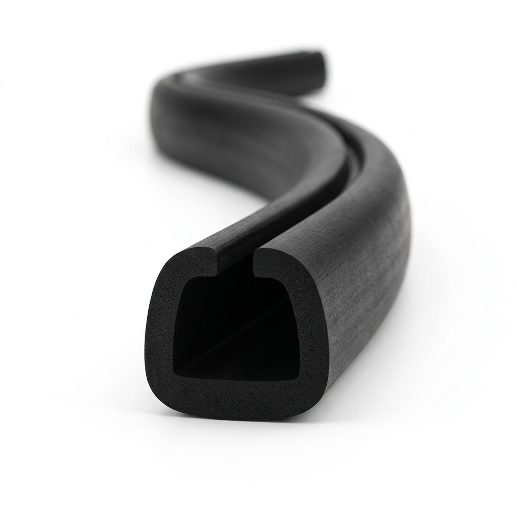 Black EPDM U-channel trim profile shown as coiled S-curved length