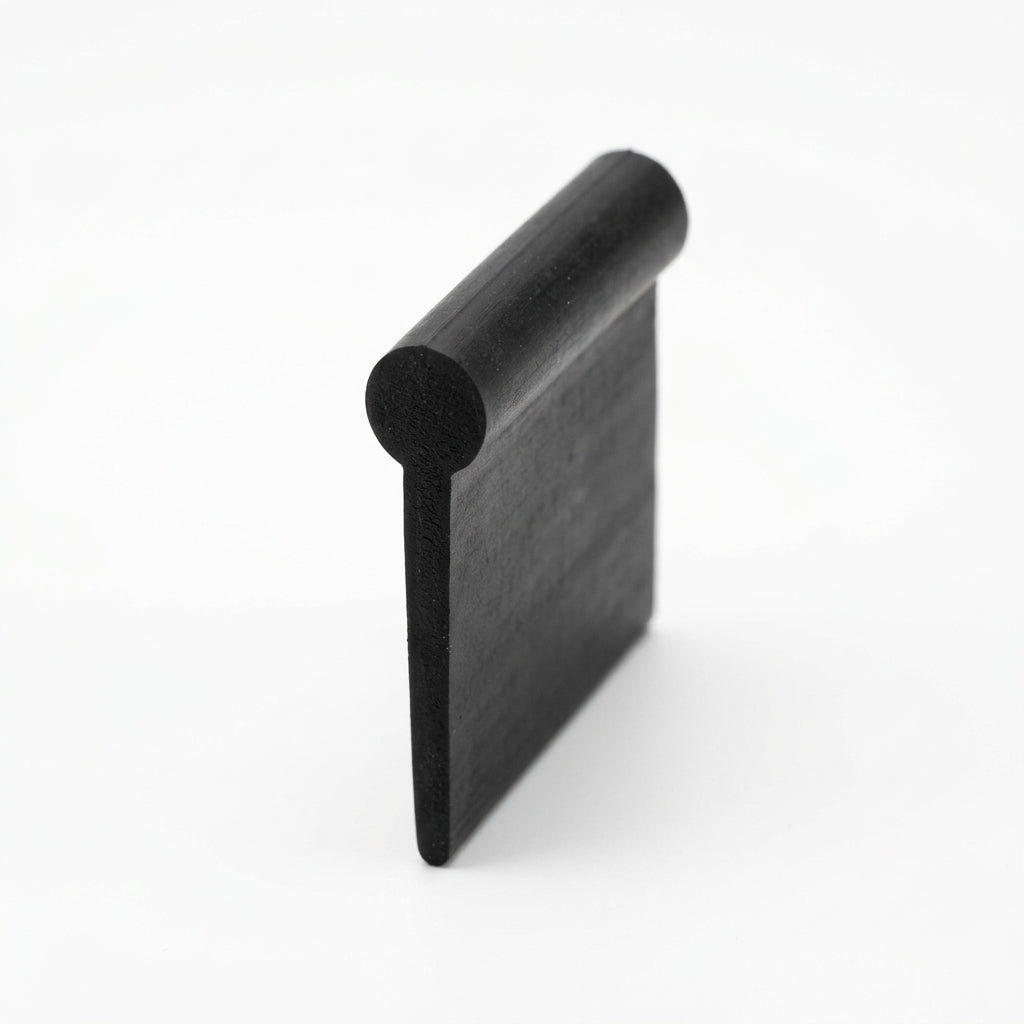 Black rubber welt seal with round bead on flat flange, angled studio shot