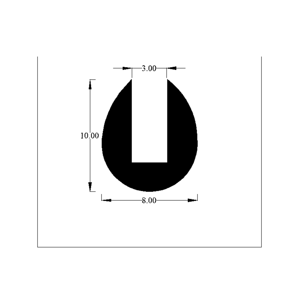 Cross-section diagram of edge trim channel, 10.00mm high x 8.00mm wide dimensions shown