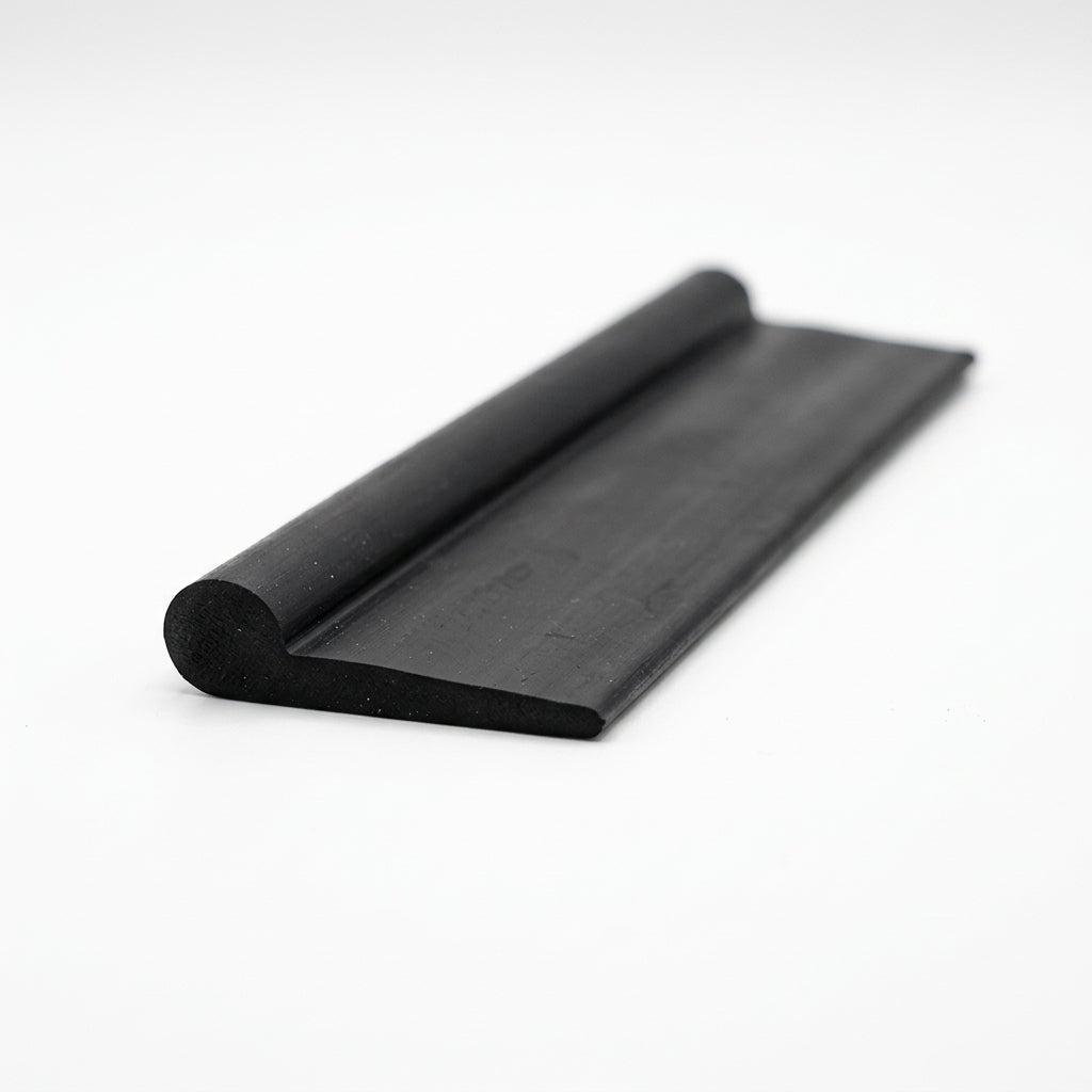 Black rubber curled-lip extrusion with flat wing, angled studio shot