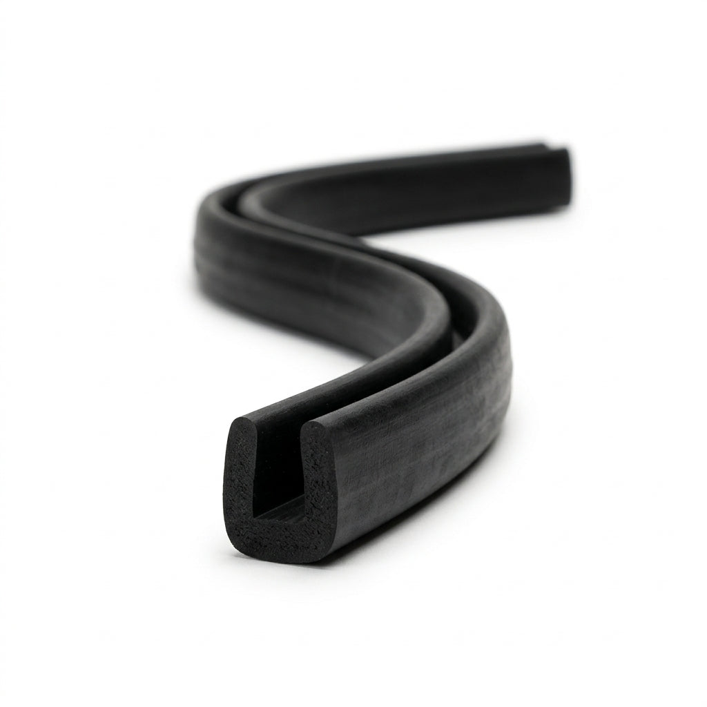 Black EPDM U-channel seal shown as coiled S-curved length