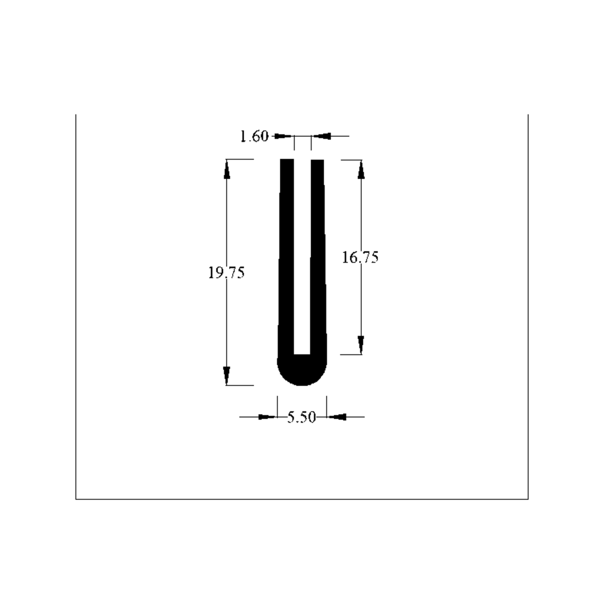 Cross-section diagram of narrow U-channel seal, 19.75mm high x 5.50mm wide dimensions shown
