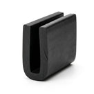 Black EPDM U-channel section standing upright, plain white background shot of square-ended block