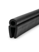 Angled studio shot of black EPDM door seal profile with round bulb, on white background.