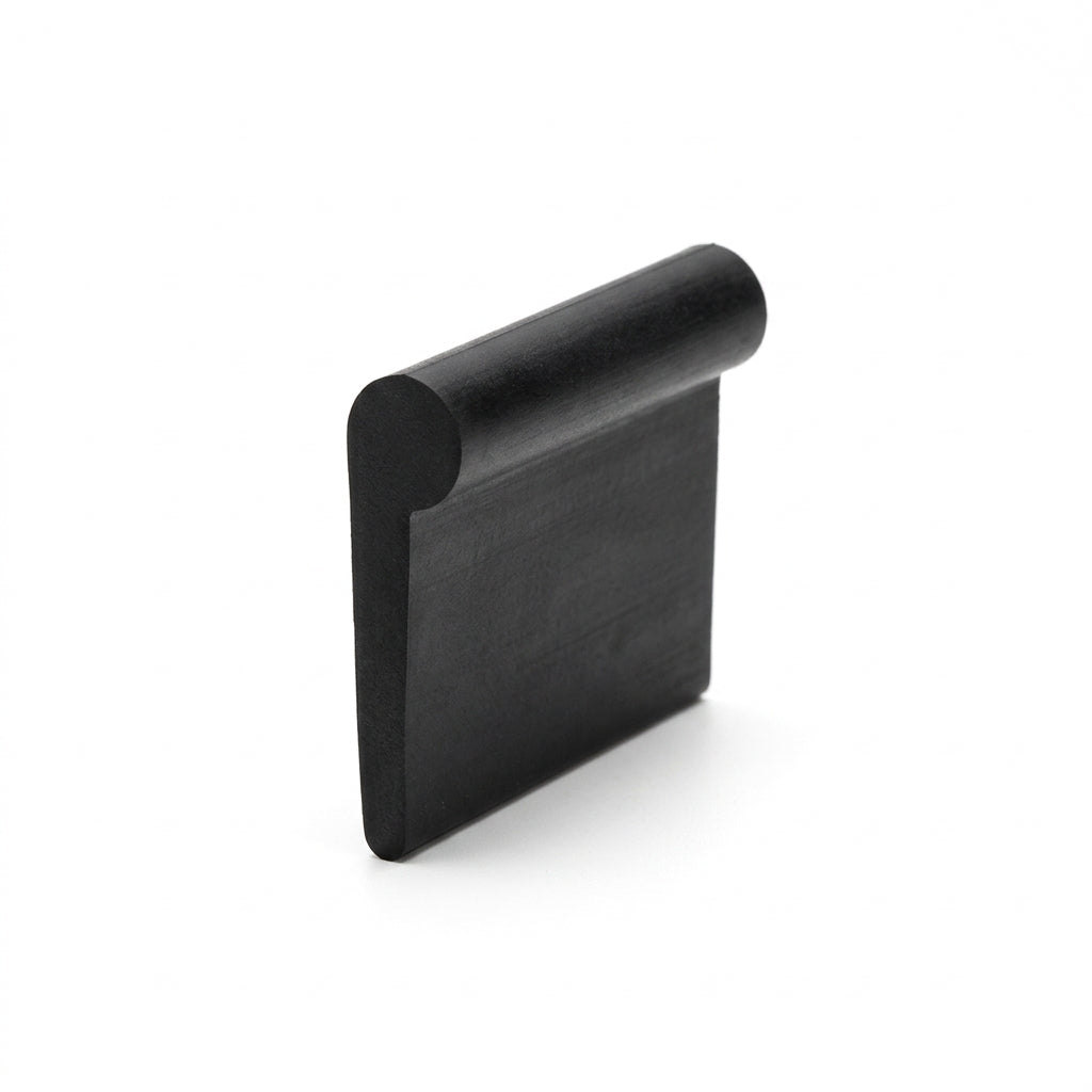 Black rubber P-profile seal cut length photographed at an angle on white