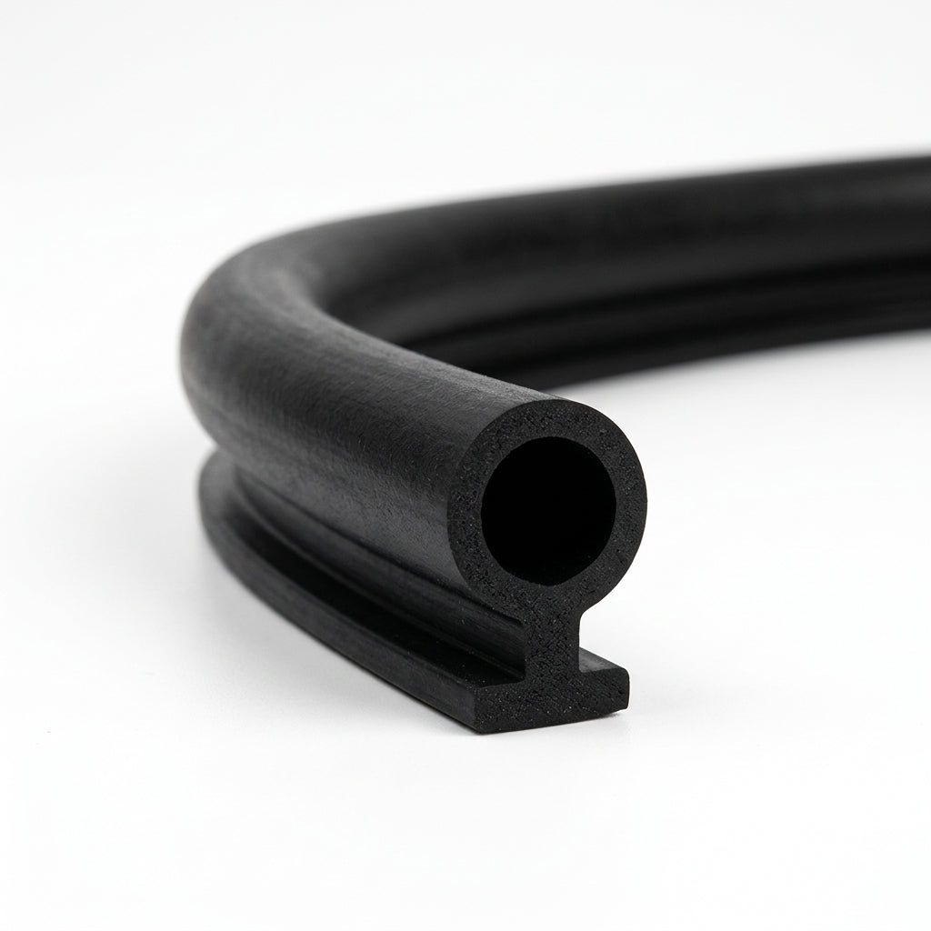 Coiled black rubber keyhole seal showing round bore and footed base