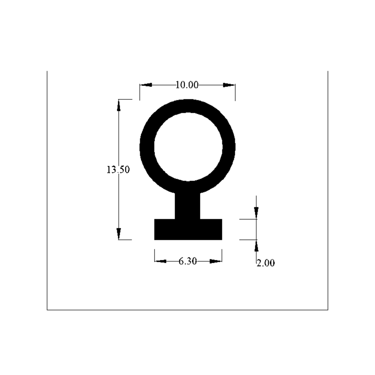 Cross-section diagram of keyhole seal, 10.00mm bore, base 13.50mm x 6.30mm