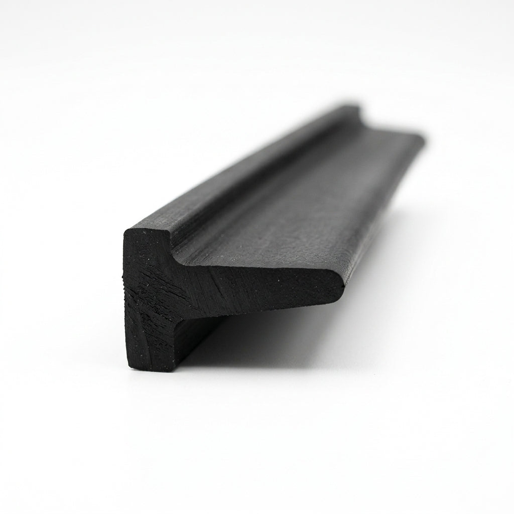 Black rubber T-section profile, angled close-up studio shot
