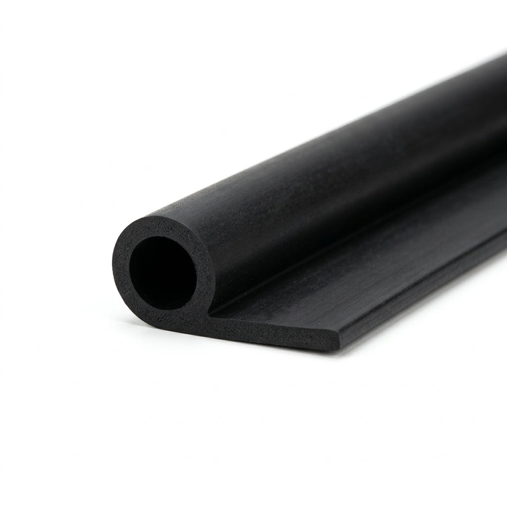 Black solid neoprene hollow piping with a round bead and flat mounting tail, smooth cut end