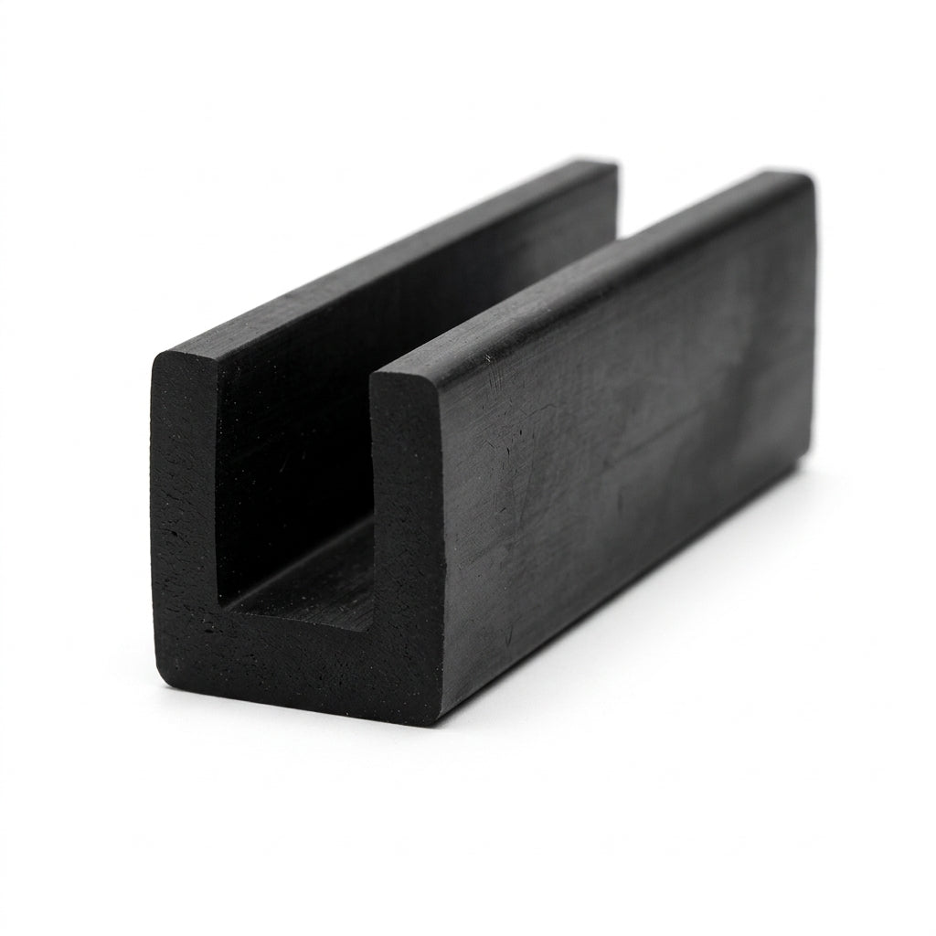 Black neoprene U-channel profile coiled, angled view of square-ended groove