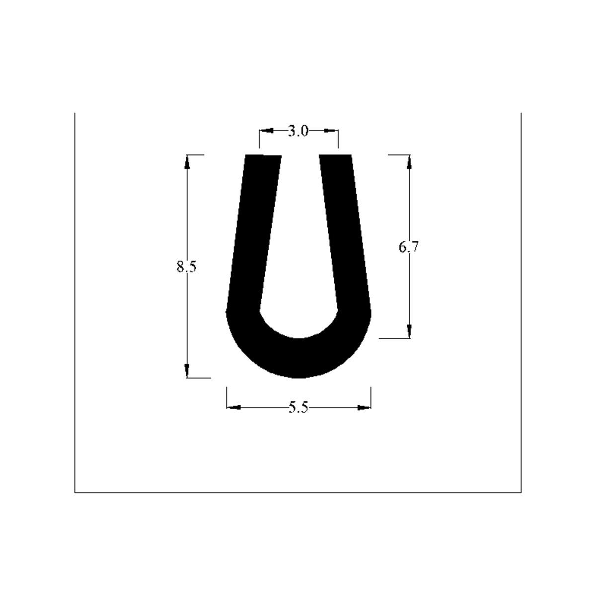 Cross-section diagram of teardrop U-channel profile, 8.5mm high x 5.5mm wide dimensions shown