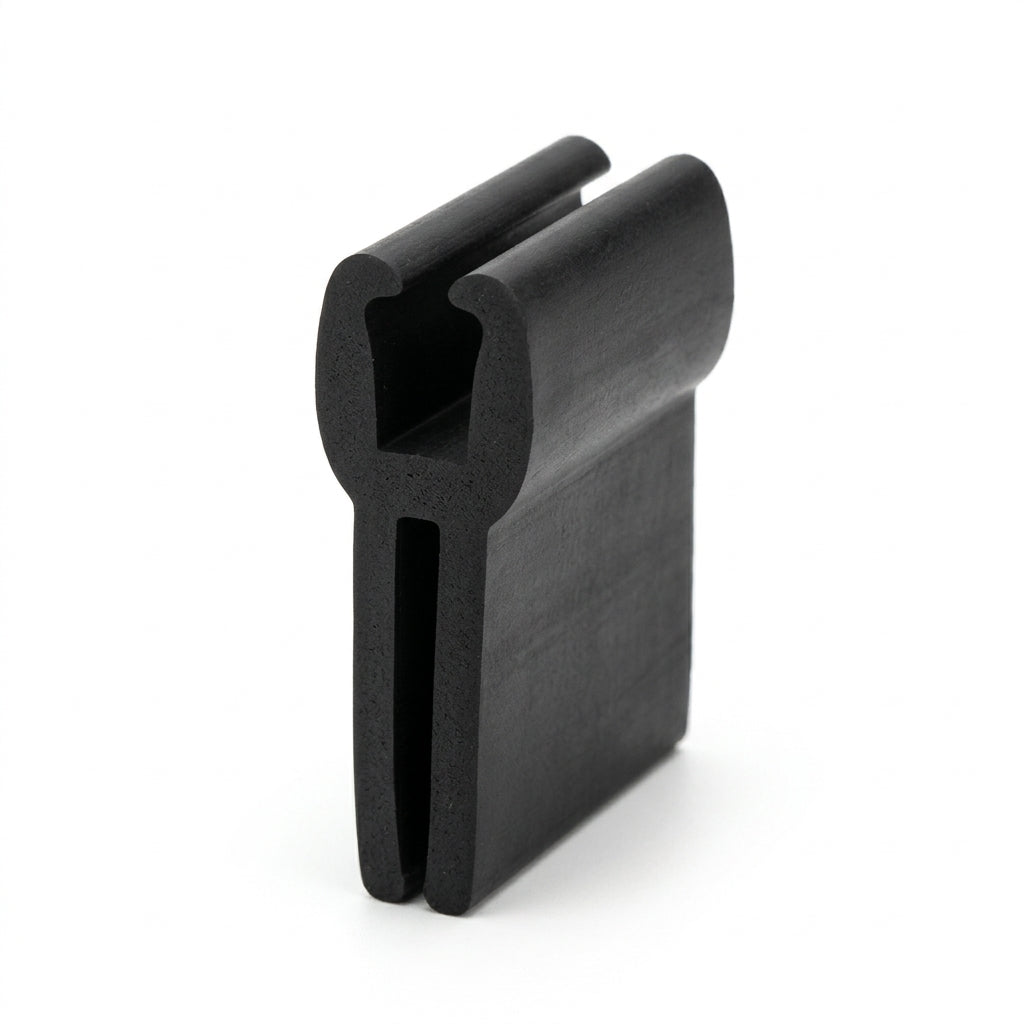 Black EPDM U-channel profile standing upright, showing gripped lip edges on white background