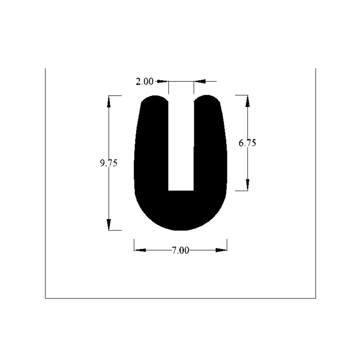 Cross-section diagram of U-channel profile, 9.75mm high x 7.00mm wide dimensions shown
