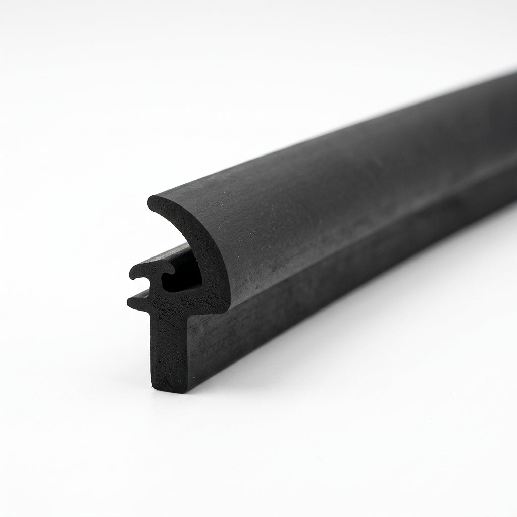 End-on view of black rubber sealing strip with curled lip and locking foot